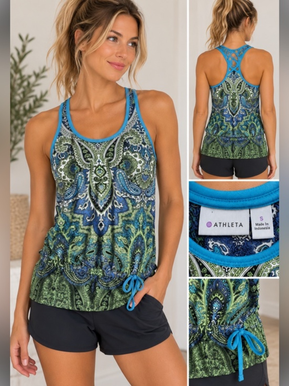 Athleta Paisley Print Racerback Tank Top Built In Sports Bra Size Small